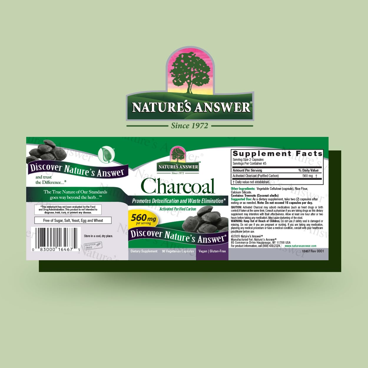 Side label of Nature's Answer purified carbon supplement showing 560 mg serving facts.
