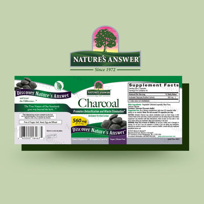 Side label of Nature's Answer purified carbon supplement showing 560 mg serving facts.