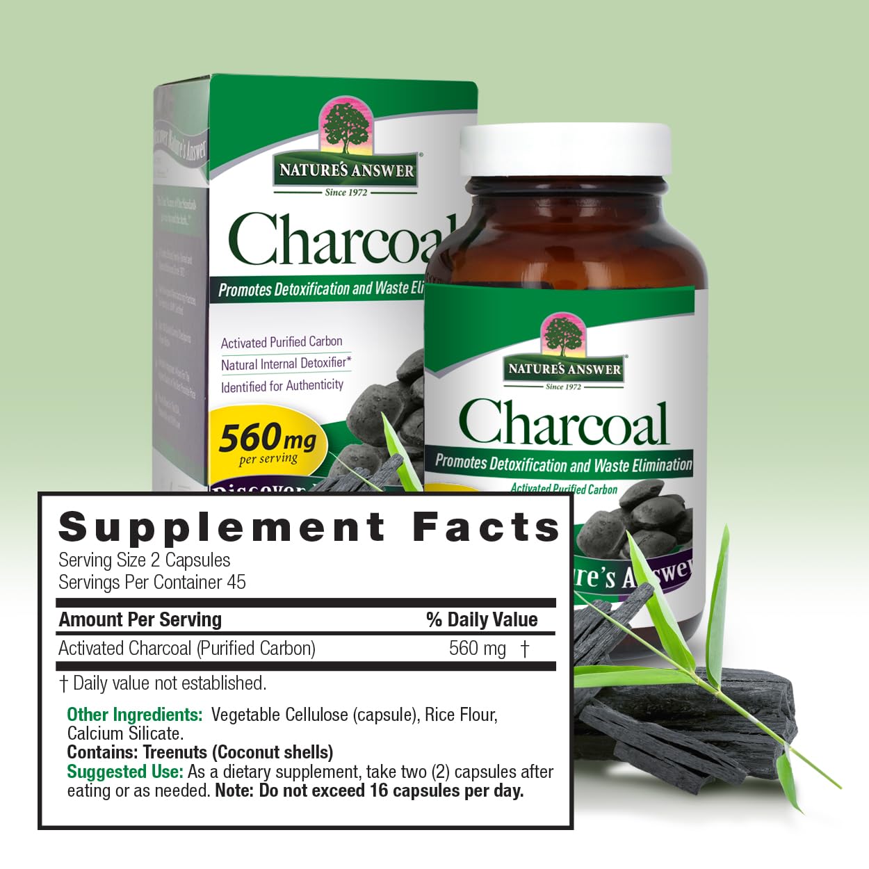 Premium vegan and gluten free activated charcoal capsules by Nature's Answer for gas relief.