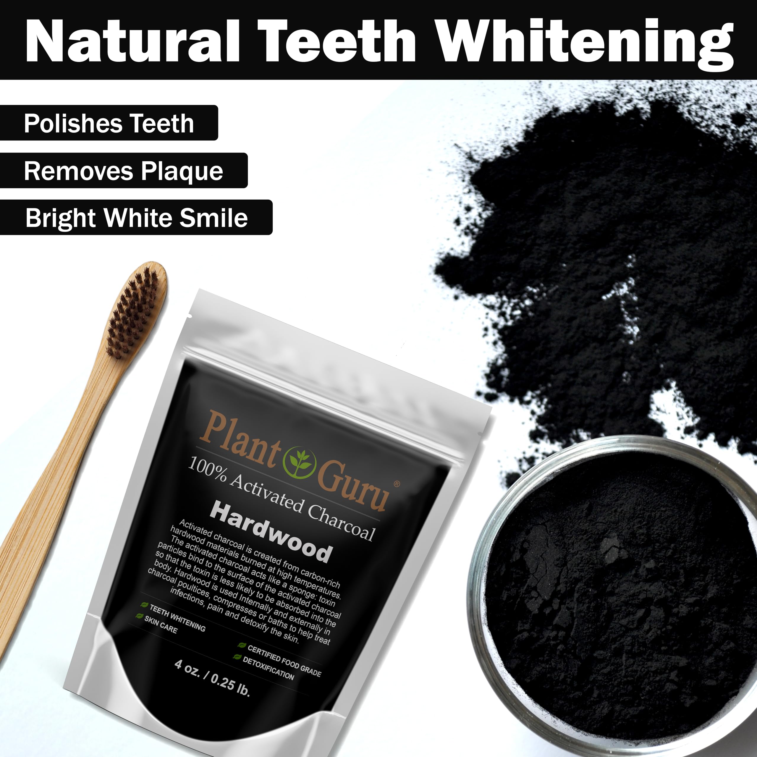 Plant Guru 100 percent pure food grade activated charcoal powder back label instructions