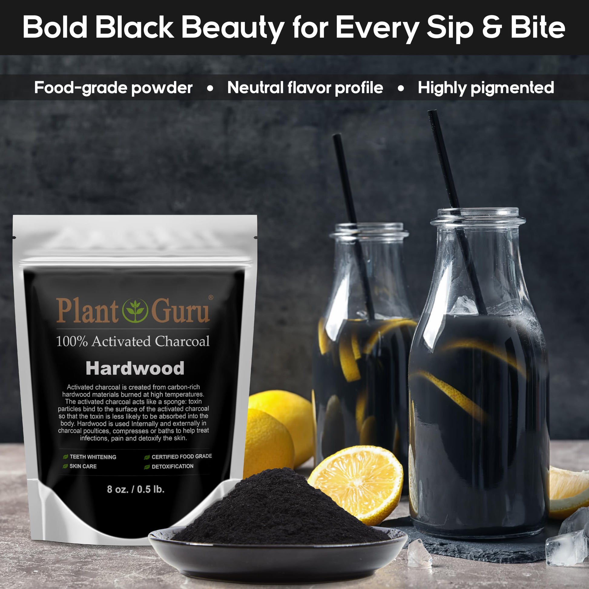 Authentic USA imported Plant Guru activated charcoal powder loose in a scoop