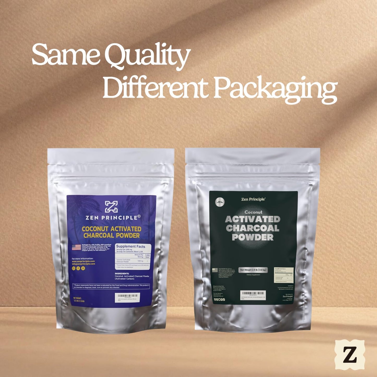 Back label of Zen Principle Activated Charcoal showing pure ingredients and USA product details