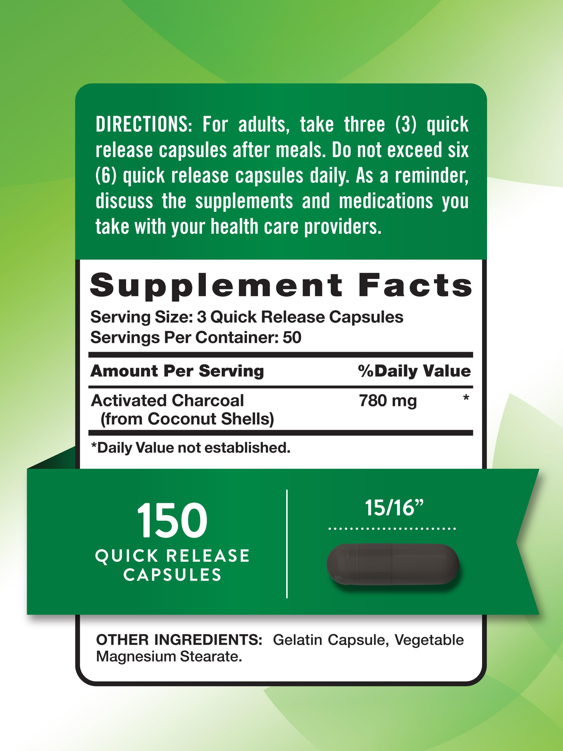 Nature's Truth coconut shell charcoal capsules bottle showcasing the non-GMO and gluten-free labels.