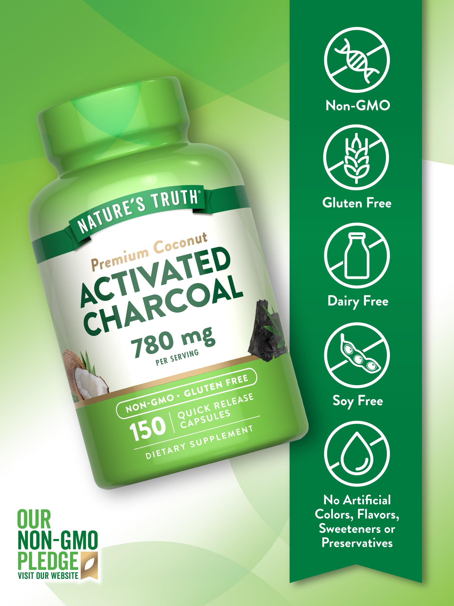 Back label of premium coconut activated charcoal showing supplement facts and 780 mg serving details.
