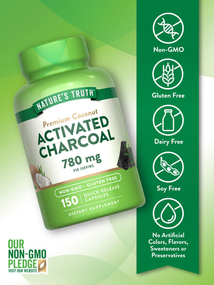 Back label of premium coconut activated charcoal showing supplement facts and 780 mg serving details.