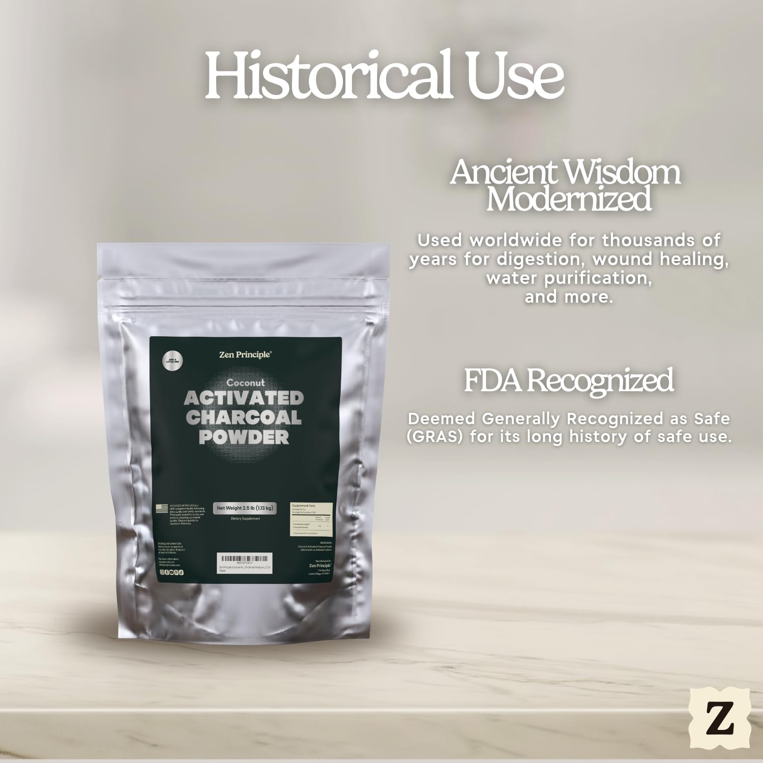 Zen Principle imported charcoal powder container alongside natural coconut shells illustrating the source