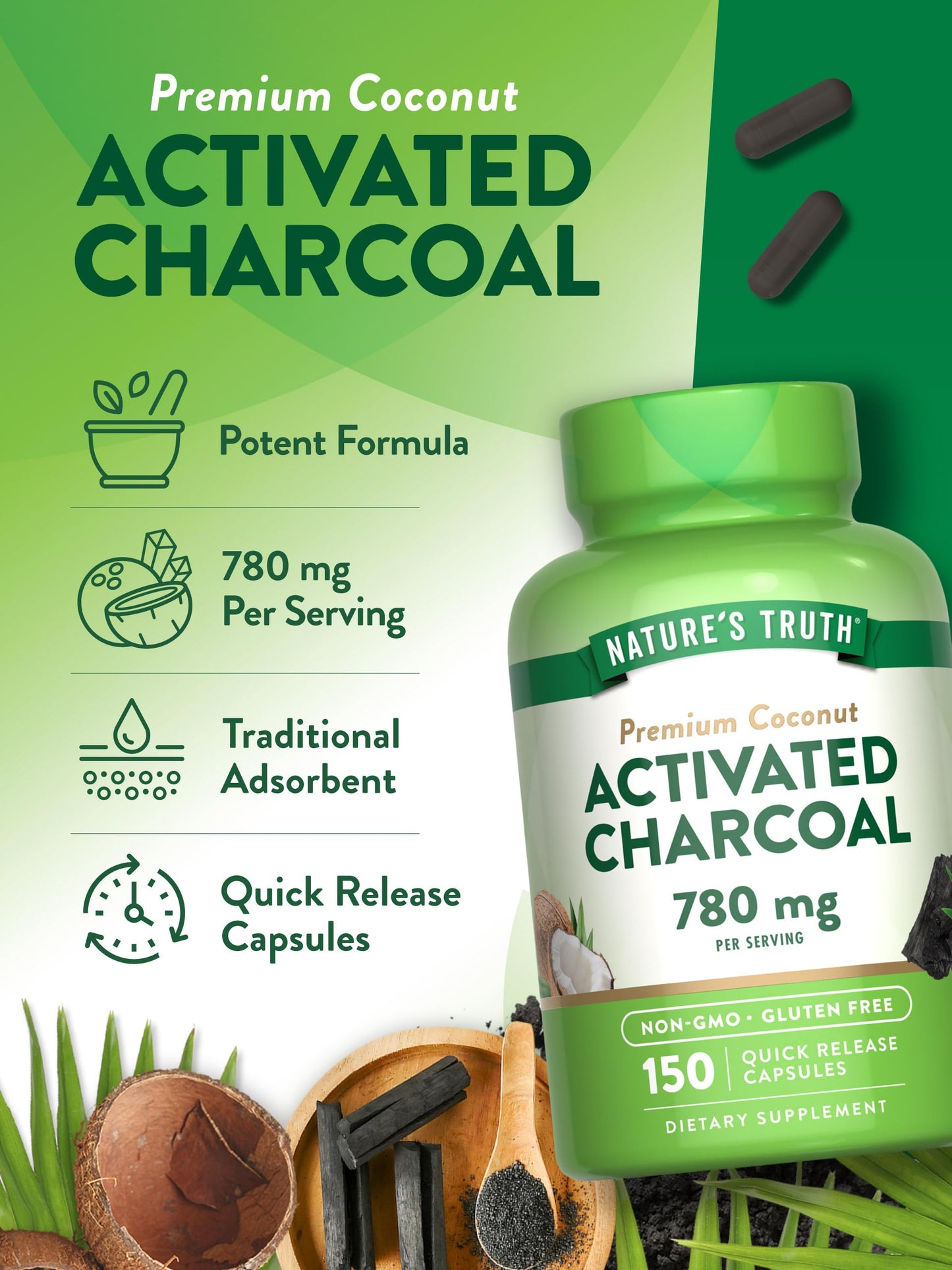 Close up of the imported dietary supplement packaging emphasizing natural coconut shell ingredients.