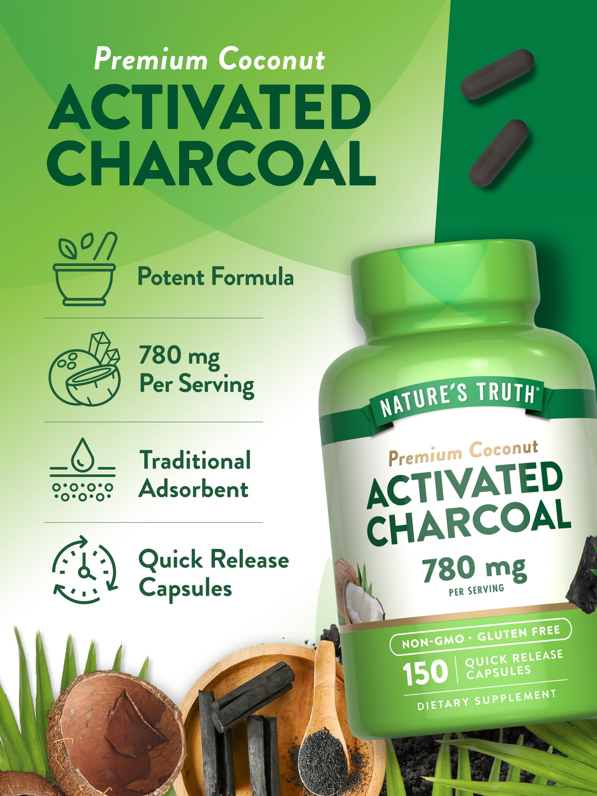 Close up of the imported dietary supplement packaging emphasizing natural coconut shell ingredients.