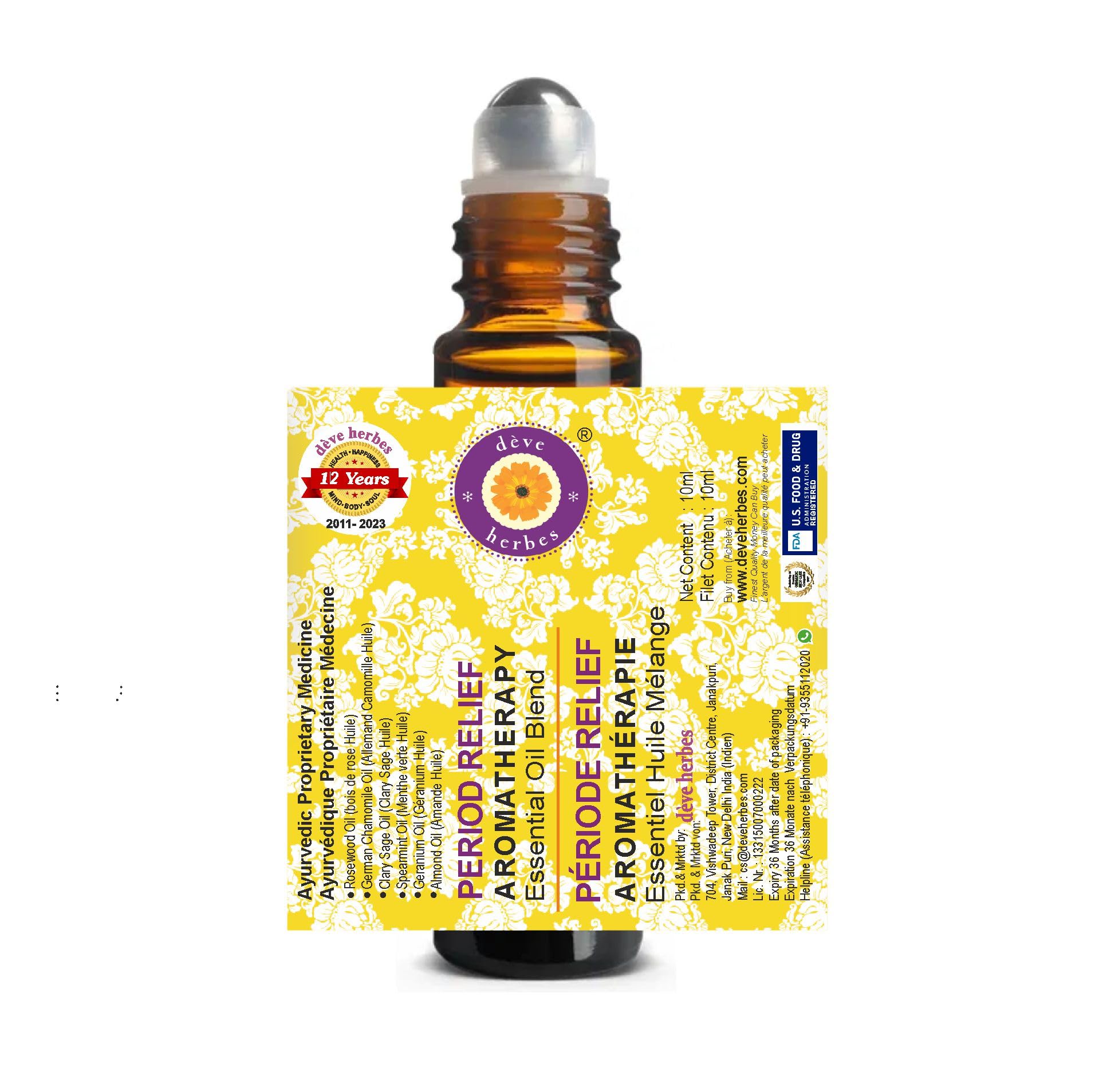 Deve Herbes menstrual discomfort aromatherapy roll on showcasing the natural botanical ingredients list