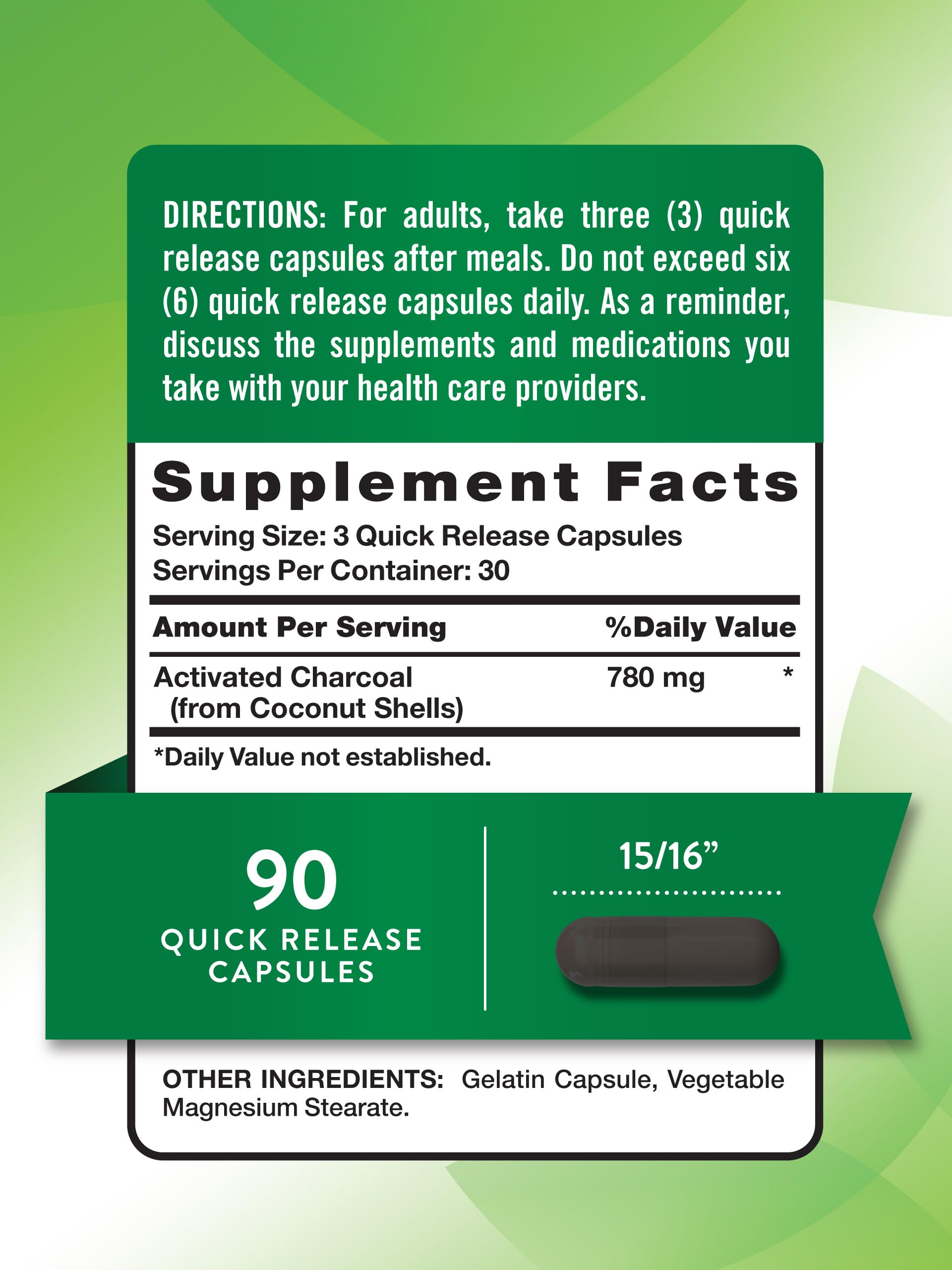 Nature's Truth Premium Coconut Activated Charcoal 780 mg supplement label facts