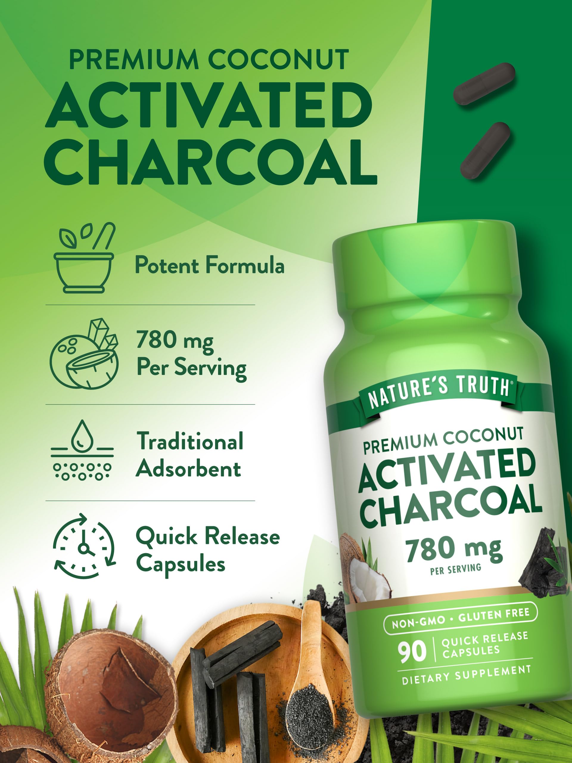 Authentic USA imported Nature's Truth Activated Charcoal bottle side angle