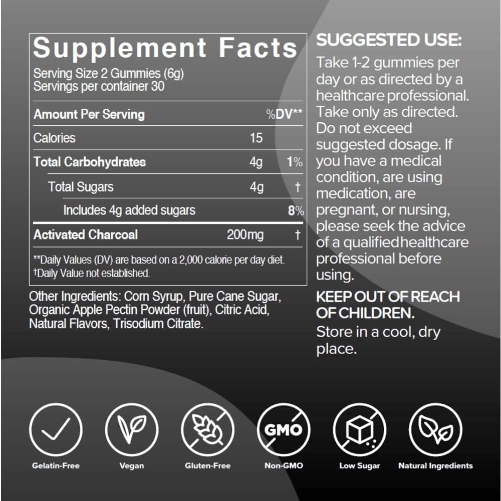 Gumi Nutrition charcoal supplement packaging showing the 200 mg serving size