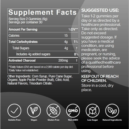 Gumi Nutrition charcoal supplement packaging showing the 200 mg serving size