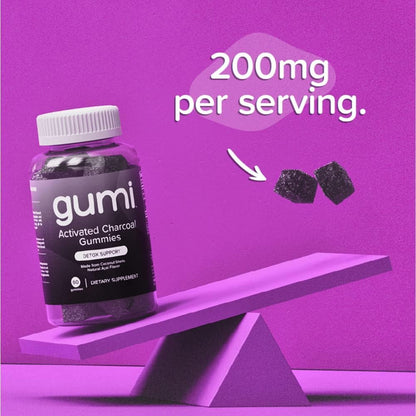 Vegan gluten free activated charcoal gummies by Gumi Nutrition for gut health