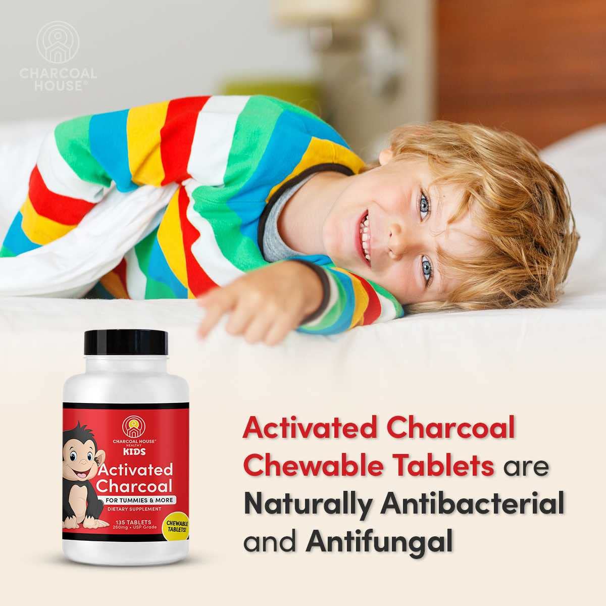 Natural vegan non GMO kids charcoal chewables ingredient list and facts label