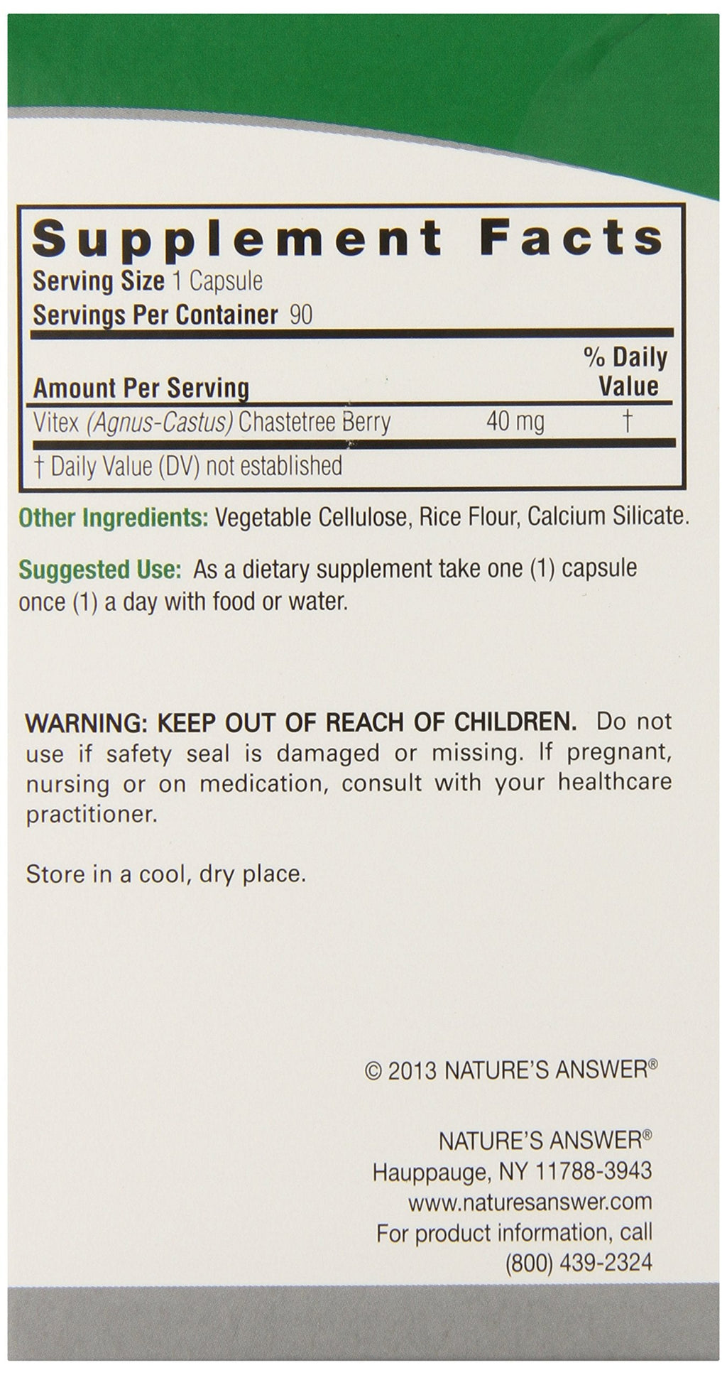 Nature's Answer Chastetree Berry 40 milligram supplement bottle showcasing the Advanced Botanical Fingerprint Technology verification seal.