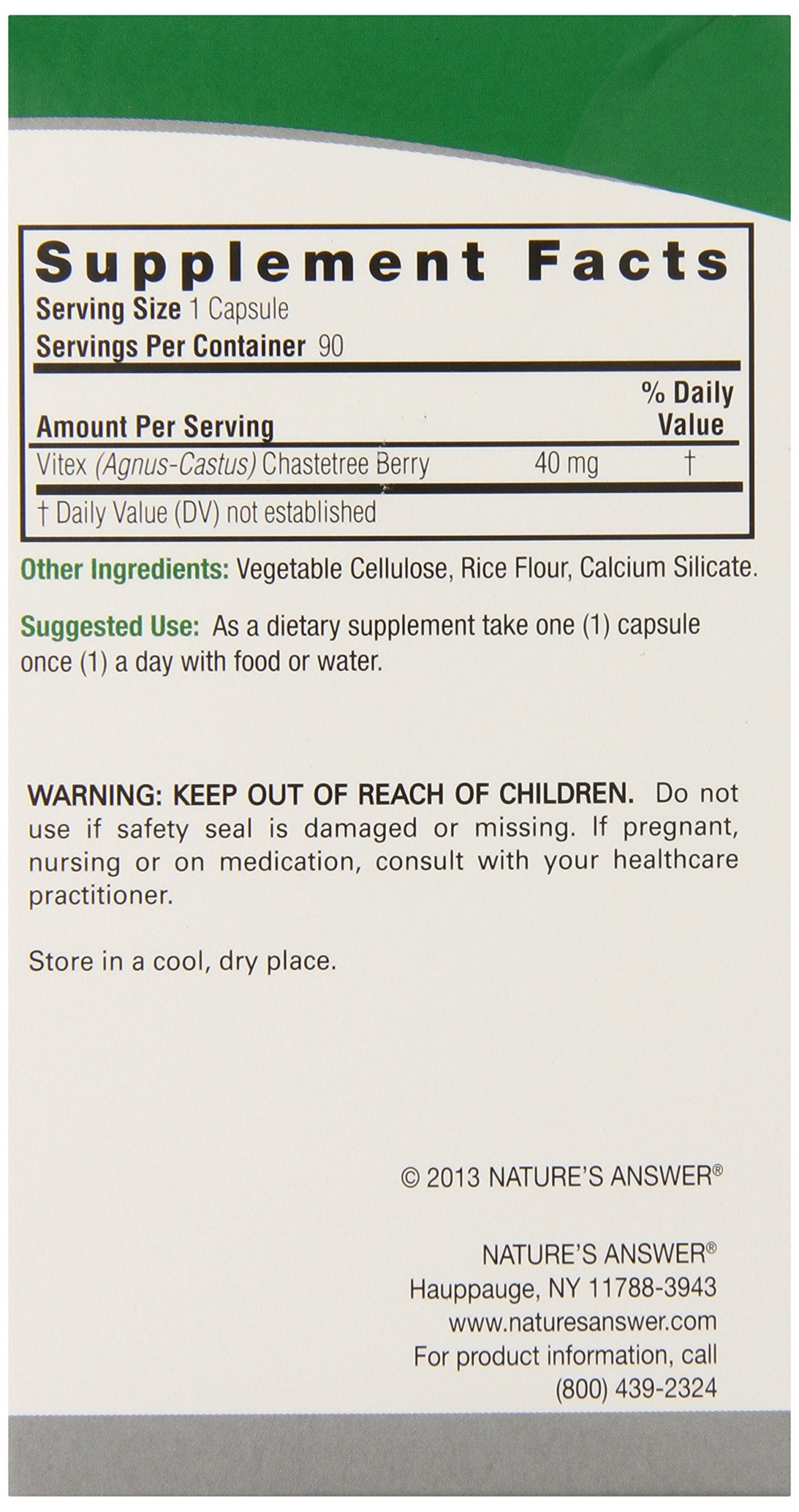 Nature's Answer Chastetree Berry 40 milligram supplement bottle showcasing the Advanced Botanical Fingerprint Technology verification seal.