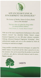Side profile of Nature's Answer Vitex supplement bottle detailing the complete herbal ingredients list and vegetarian capsule specifications.