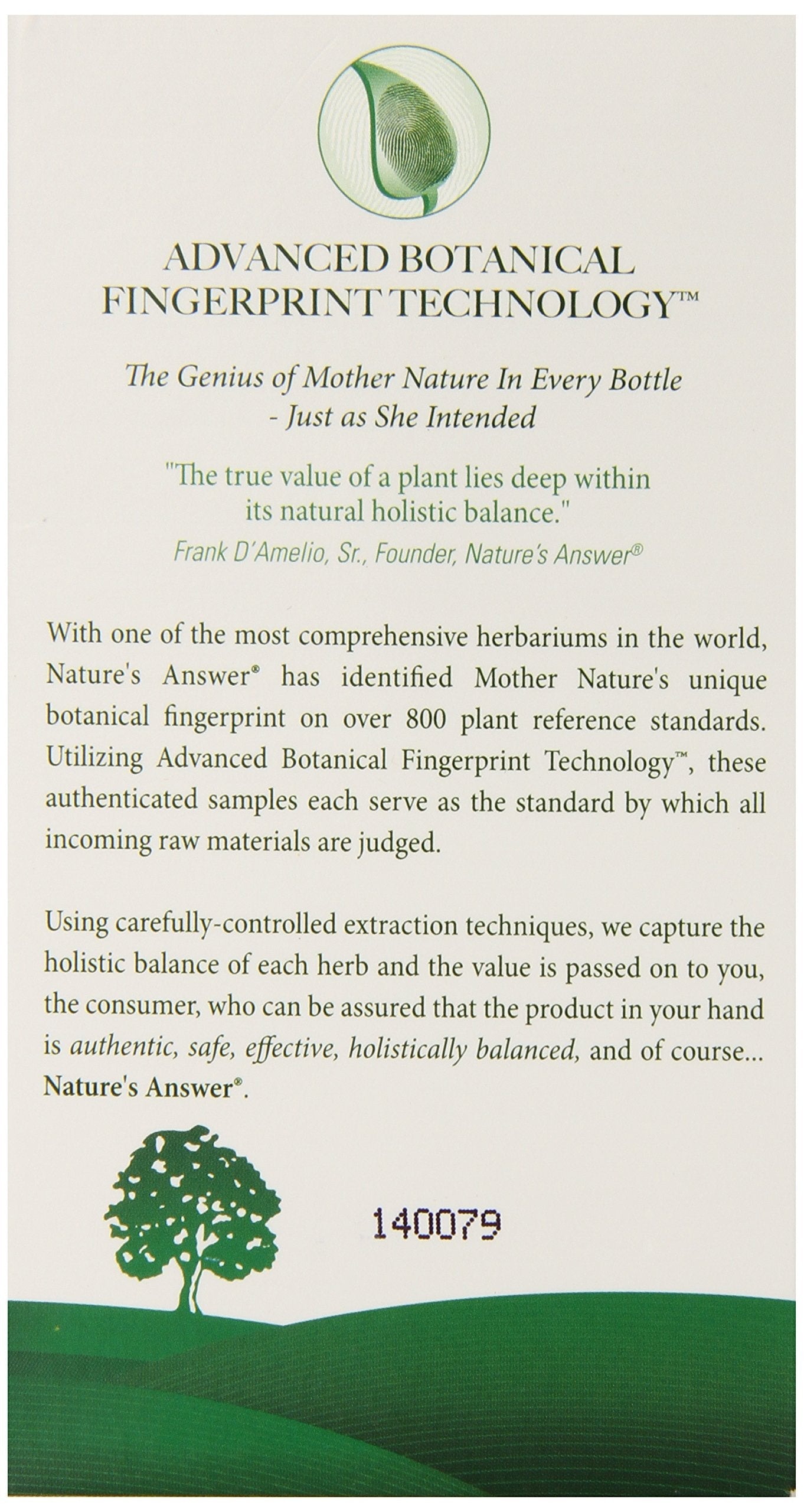 Side profile of Nature's Answer Vitex supplement bottle detailing the complete herbal ingredients list and vegetarian capsule specifications.