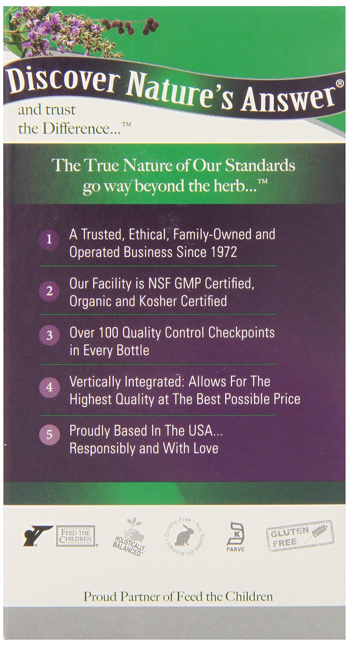 Supplement facts panel on the back of Nature's Answer Chasteberry bottle demonstrating non-GMO and gluten-free product certifications.