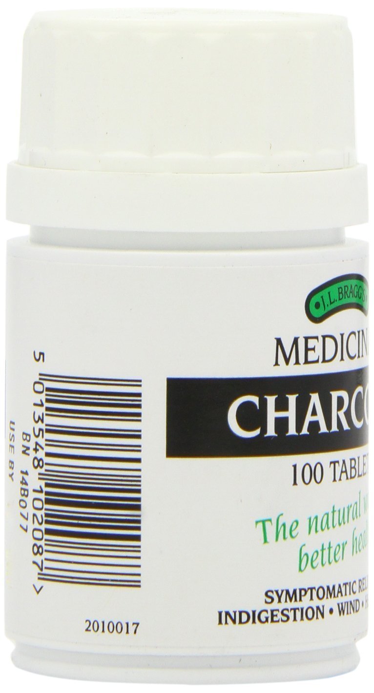 Bragg J.L. medicinal charcoal 300mg tablets side label showing coconut shell ingredients