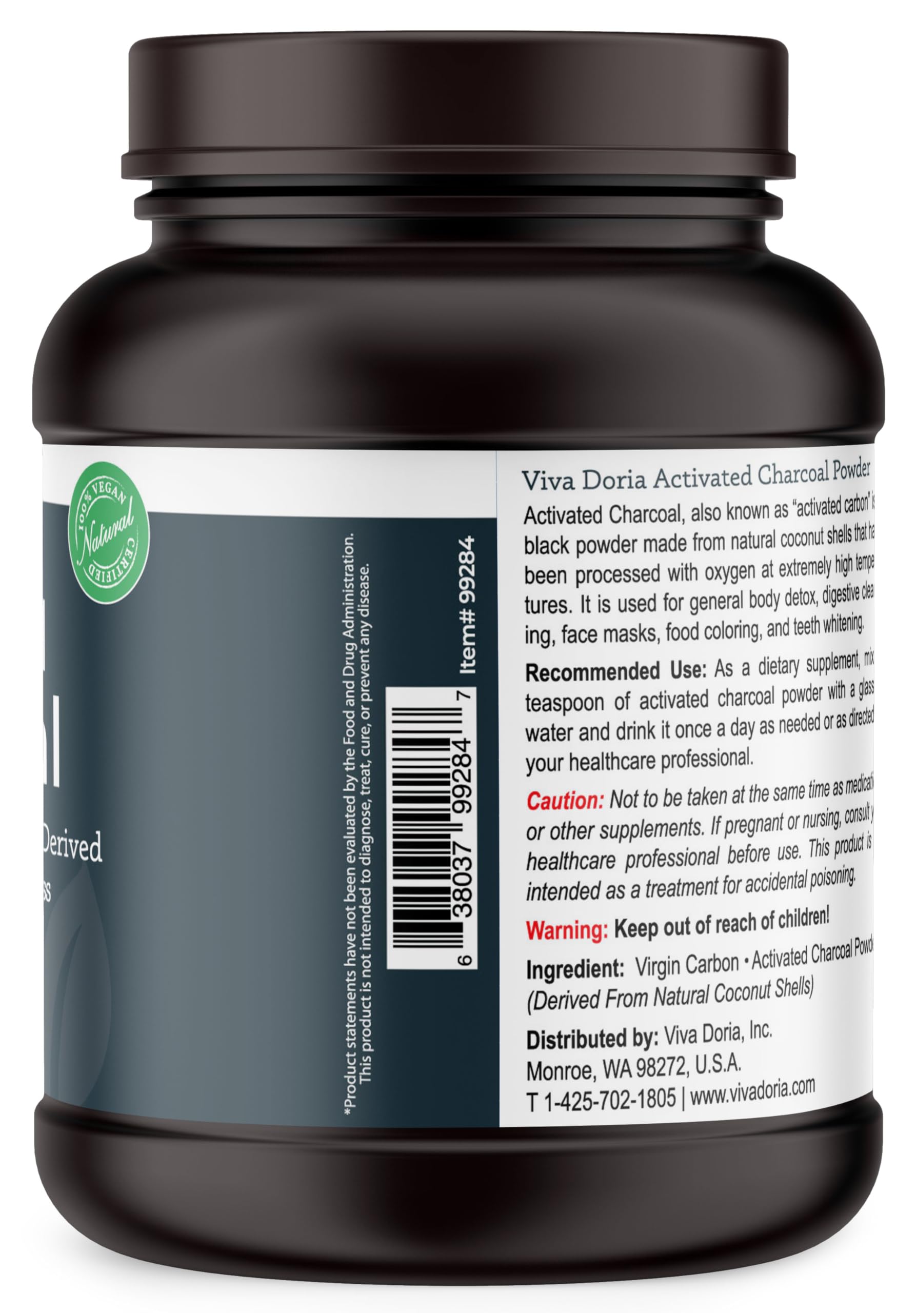 Viva Doria 32 Ounce Activated Charcoal Powder container label instructions