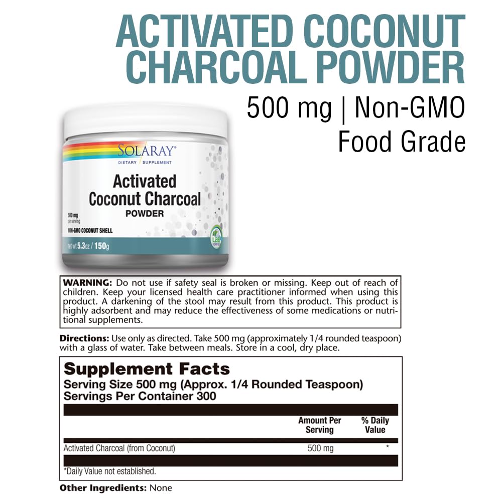 Solaray Activated Coconut Charcoal Powder nutrition facts label showing 300 servings
