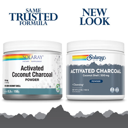 Solaray Activated Coconut Charcoal Powder fine texture unflavored supplement powder close up