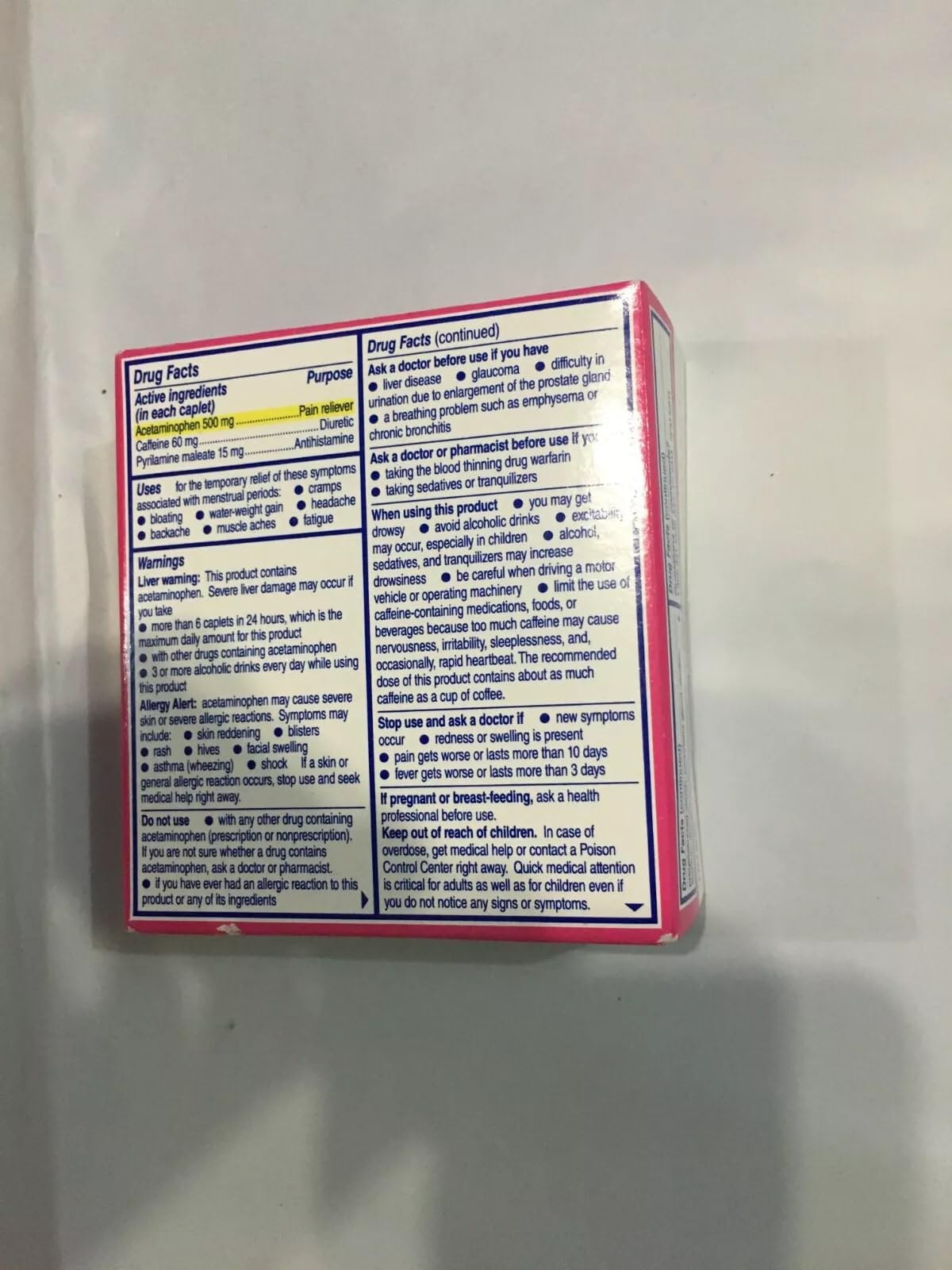 Bayer Midol Complete maximum strength menstrual symptom relief caplets packaging side view showing ingredients