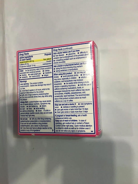 Bayer Midol Complete maximum strength menstrual symptom relief caplets packaging side view showing ingredients