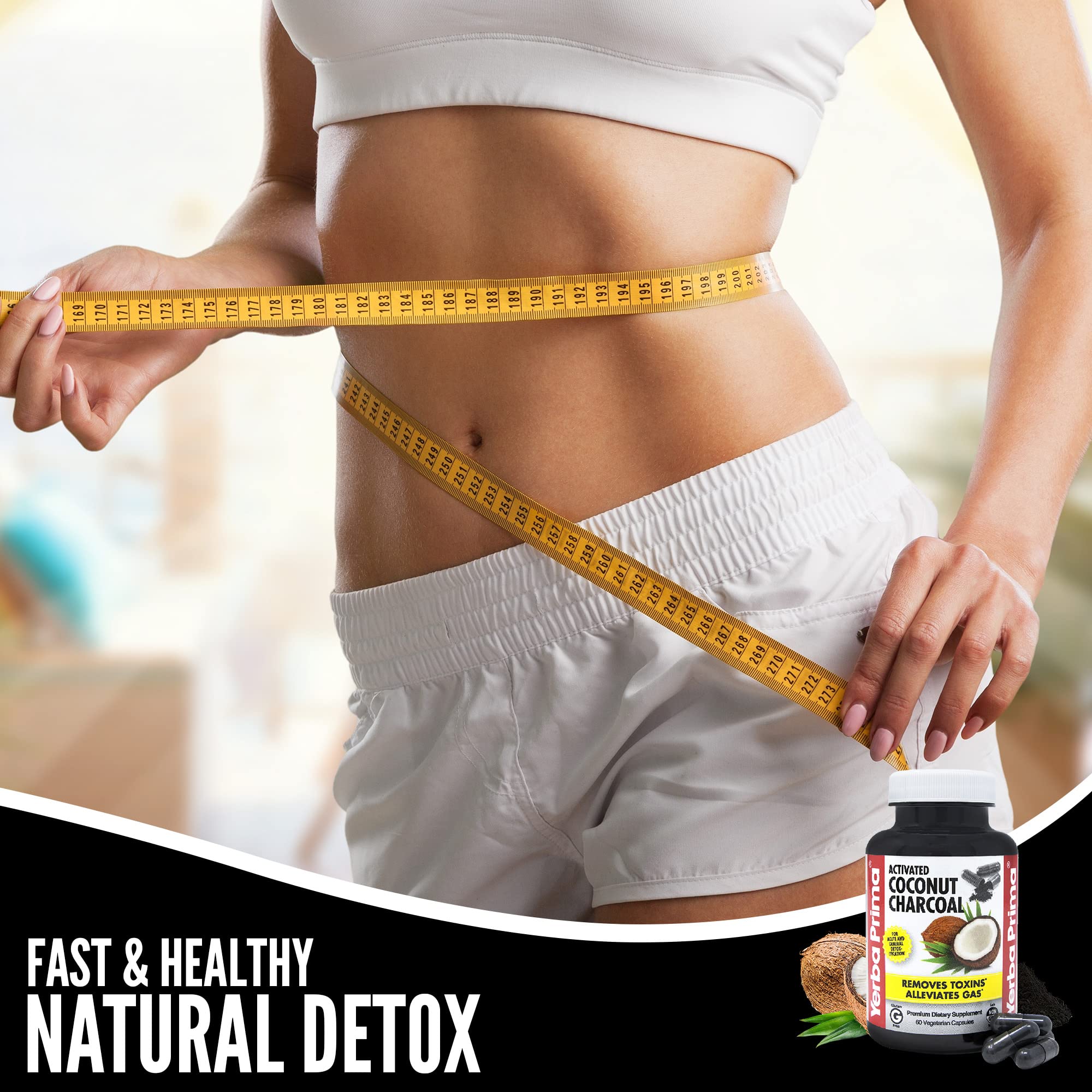 Yerba Prima premium detox supplement bottle highlighting the 100 percent coconut shell source label.
