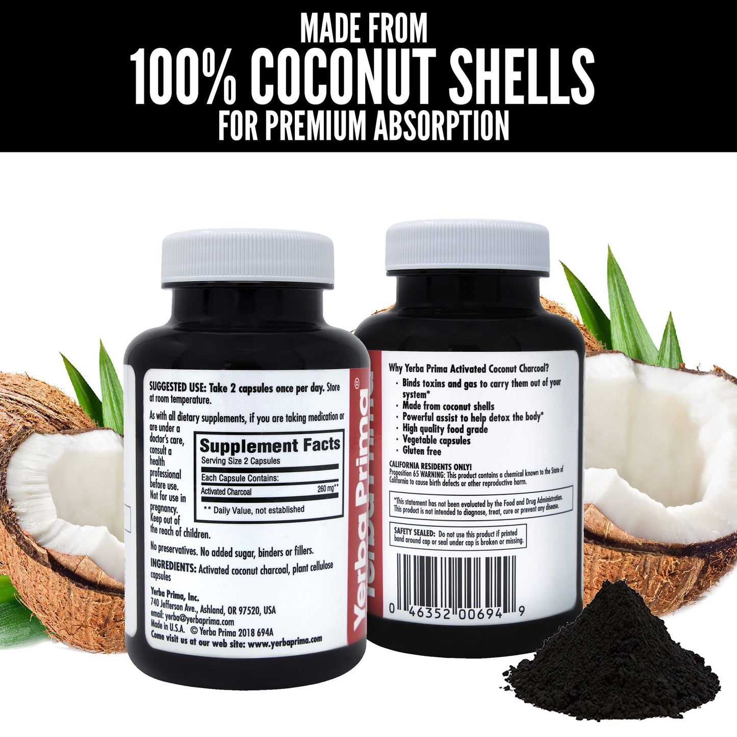 Authentic USA imported Yerba Prima charcoal capsules showing dietary supplement facts and directions.