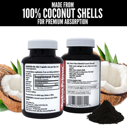 Authentic USA imported Yerba Prima charcoal capsules showing dietary supplement facts and directions.