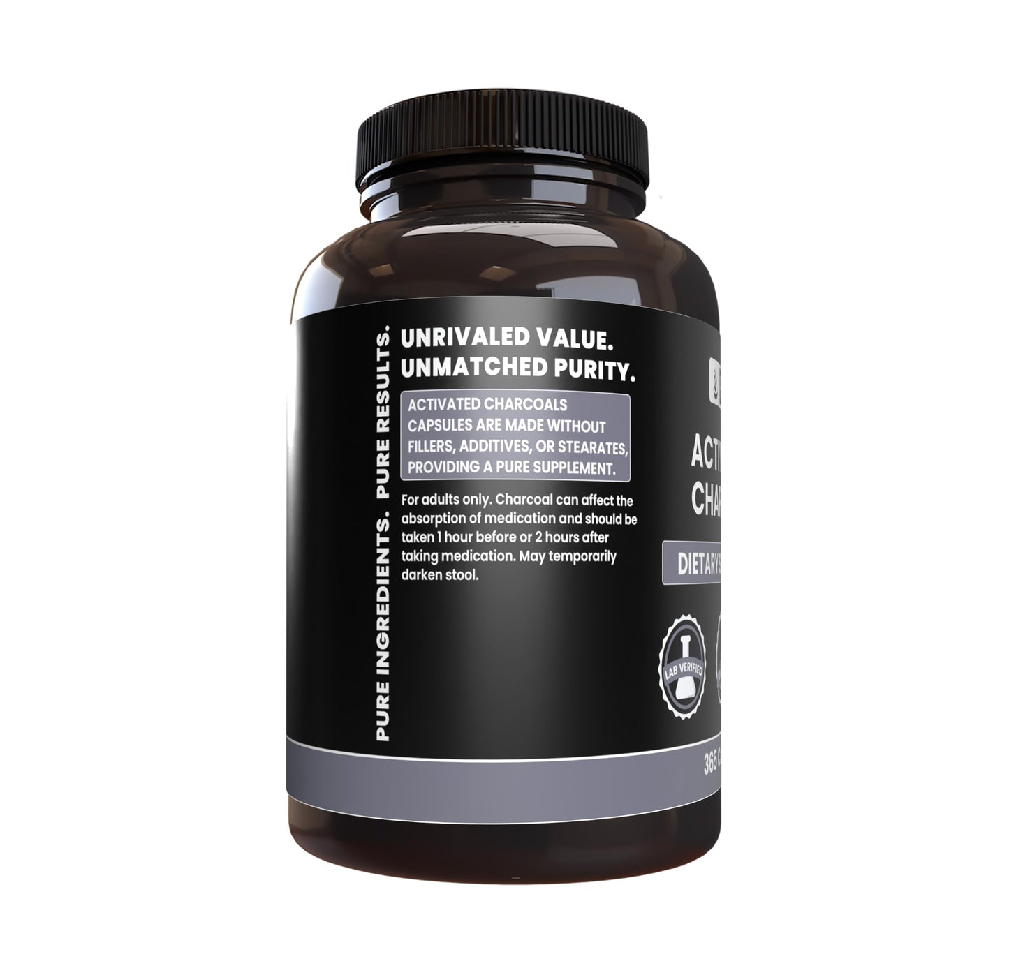 Pure Original Ingredients Activated Charcoal supplement facts label showing no fillers.
