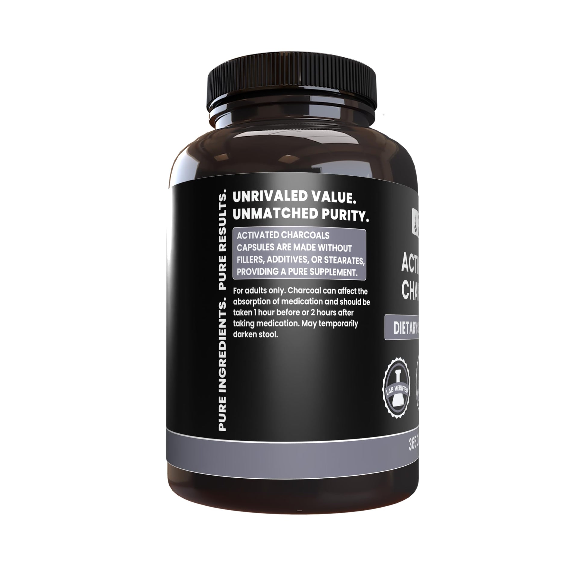 Pure Original Ingredients Activated Charcoal supplement facts label showing no fillers.
