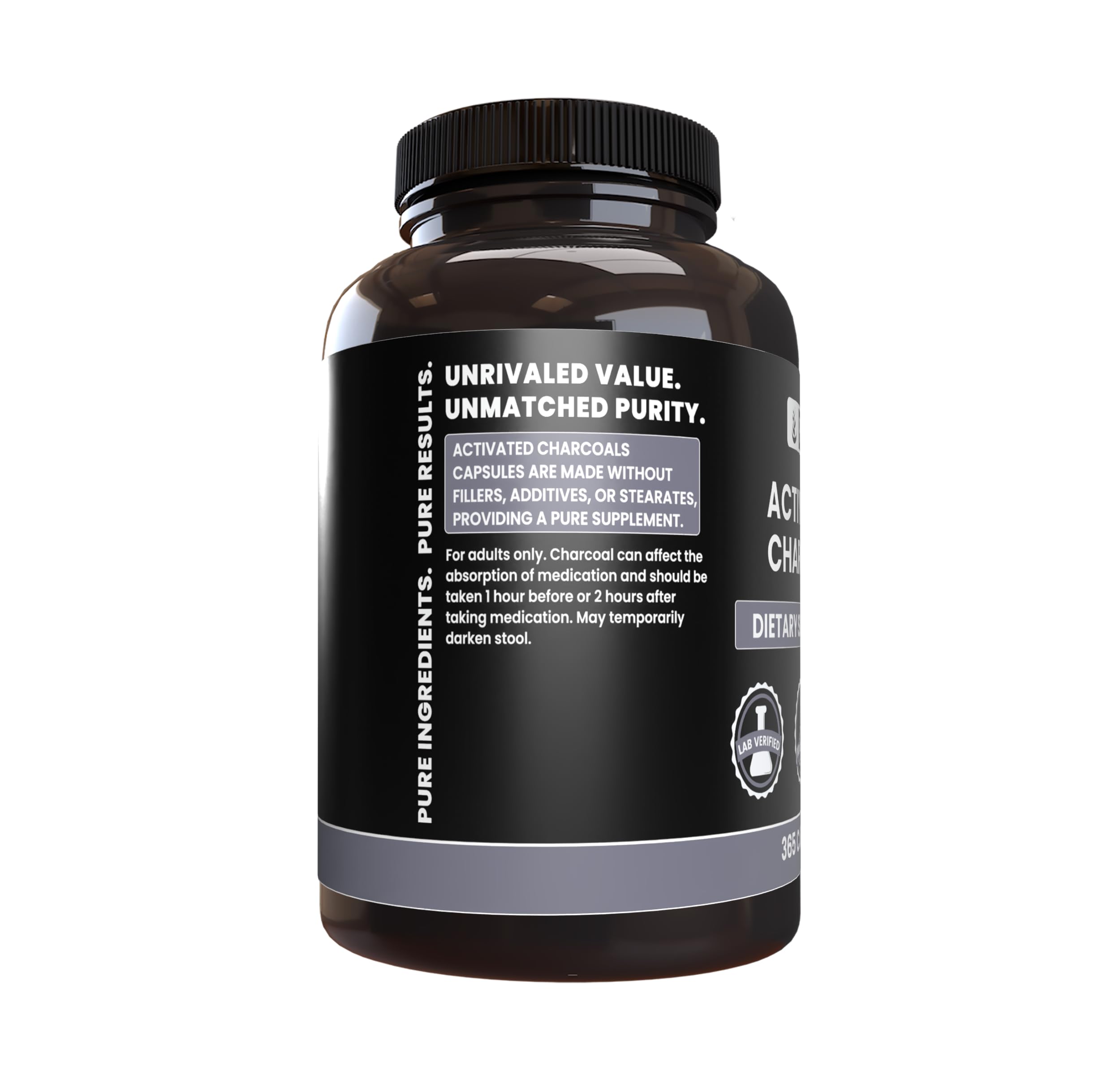 Pure Original Ingredients Activated Charcoal supplement facts label showing no fillers.