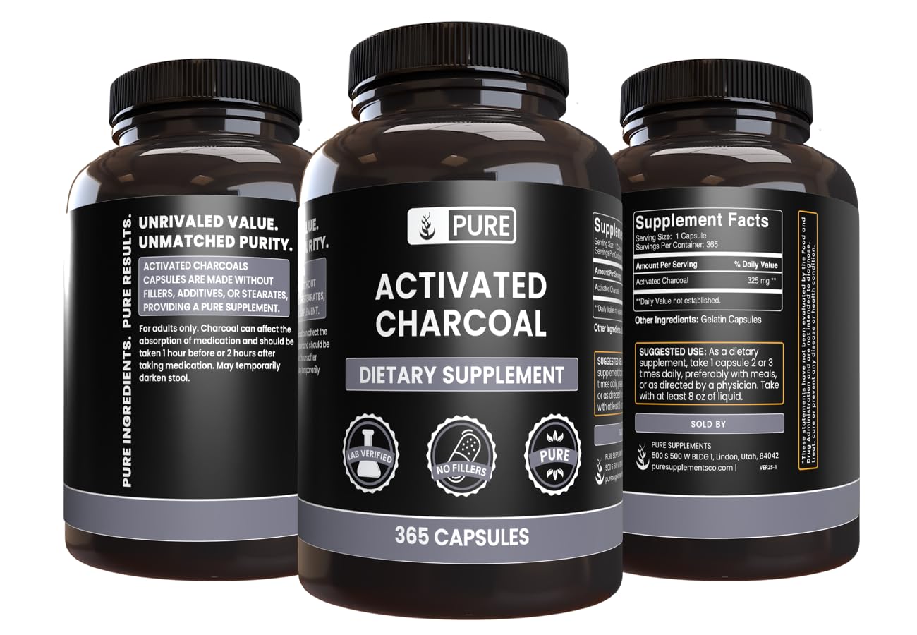 Pure Original Ingredients Charcoal 365 capsules packaging close up.