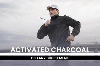 Activated charcoal dietary supplement for bloating relief and stomach comfort.