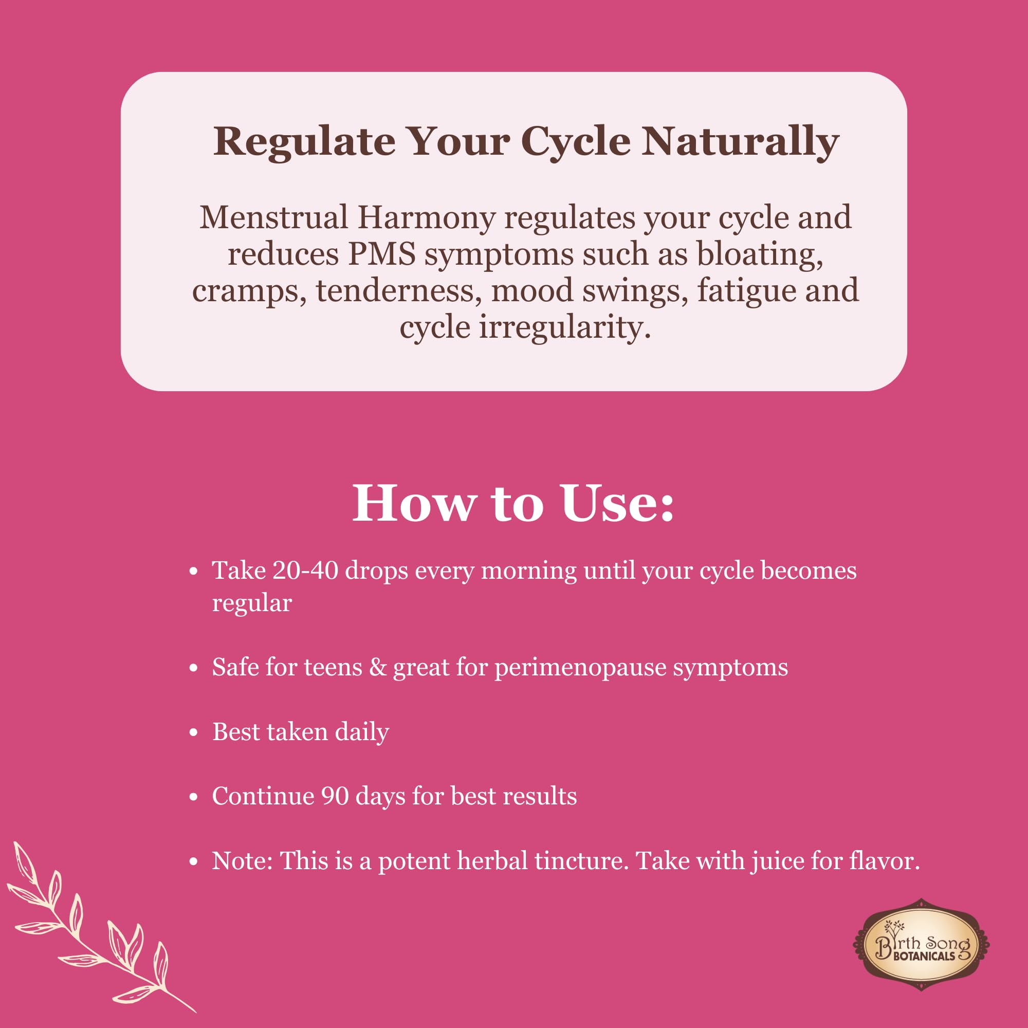 Two ounce bottle of Birth Song Botanicals menstrual cycle support containing organic Vitex