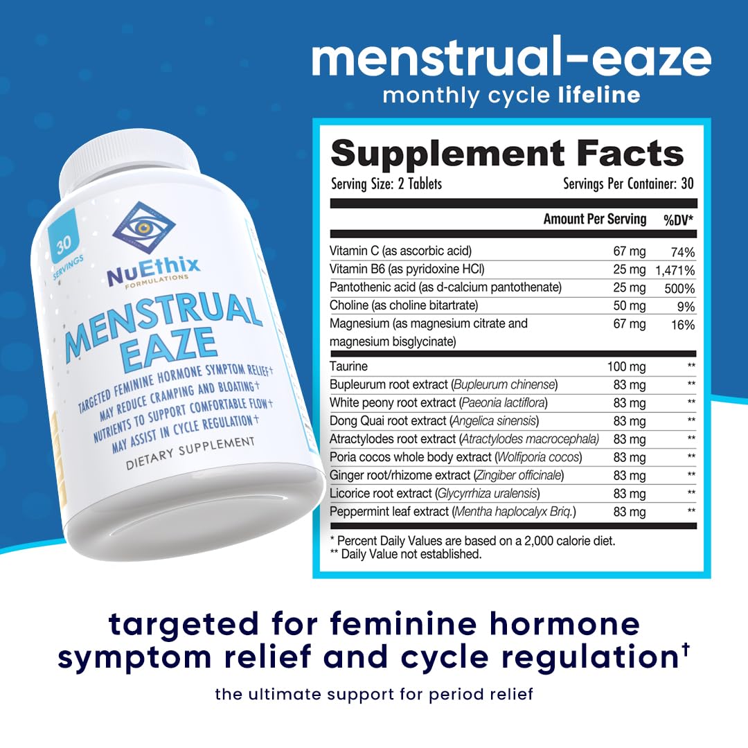 NuEthix Nu-Woman Menstrual Eaze dietary supplement tablets for natural PMS cramp and bloating relief.