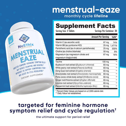 NuEthix Nu-Woman Menstrual Eaze dietary supplement tablets for natural PMS cramp and bloating relief.
