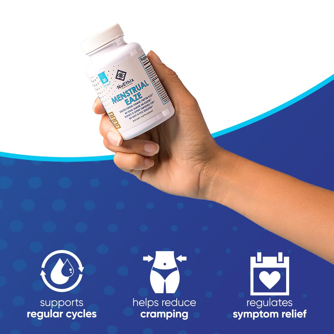 Authentic USA imported NuEthix Menstrual Eaze 60 tablets packaging showcasing serving size and usage instructions.