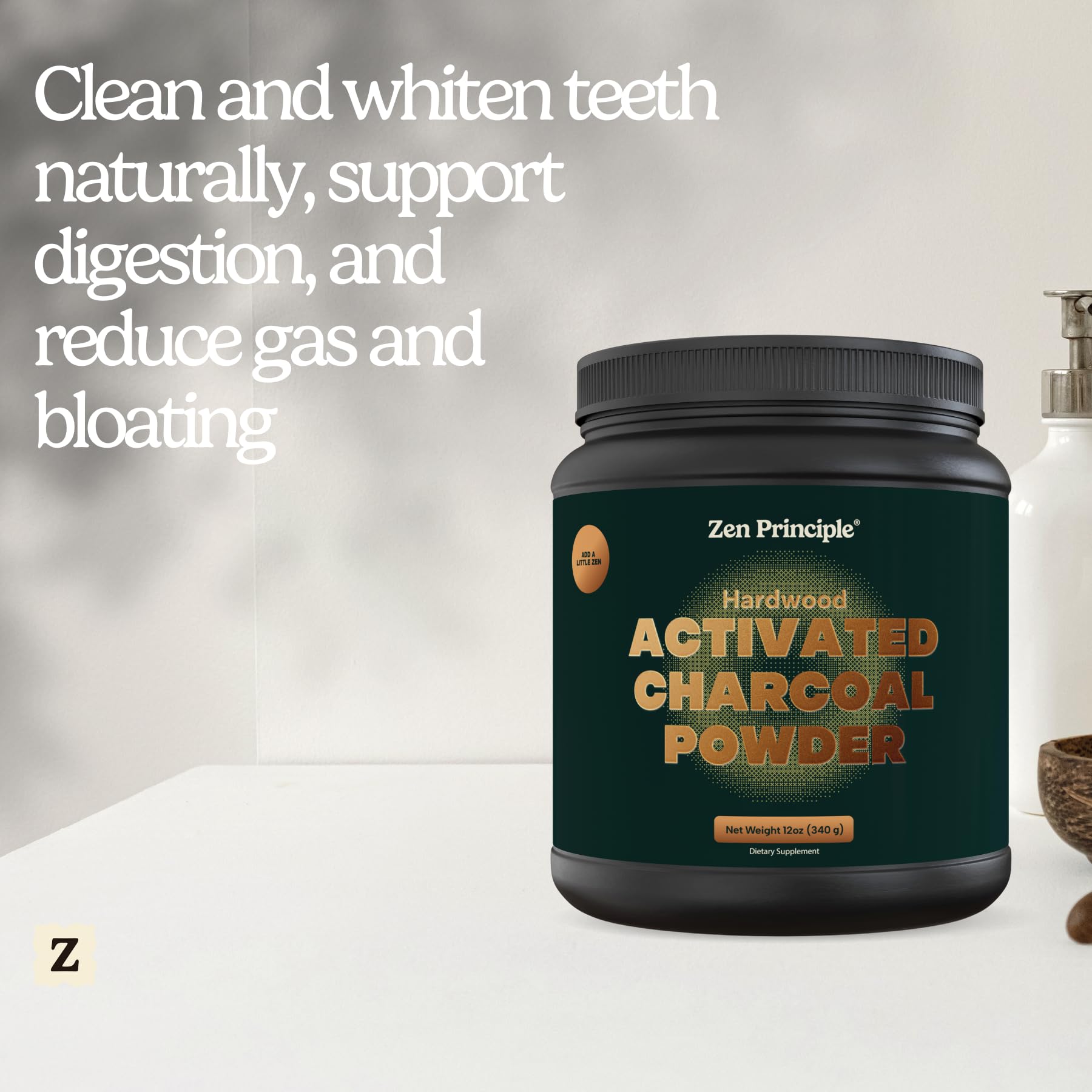 Zen Principle hardwood charcoal container next to a toothbrush showcasing its oral care and teeth whitening benefits.