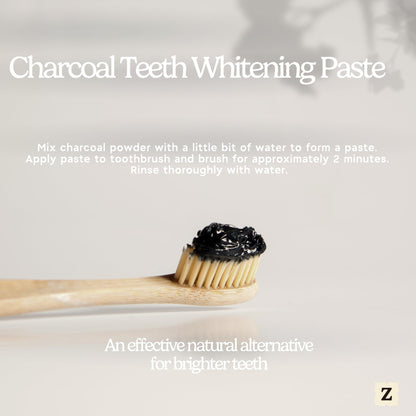 Back label of Zen Principle charcoal powder displaying detailed product specifications and ingredients.