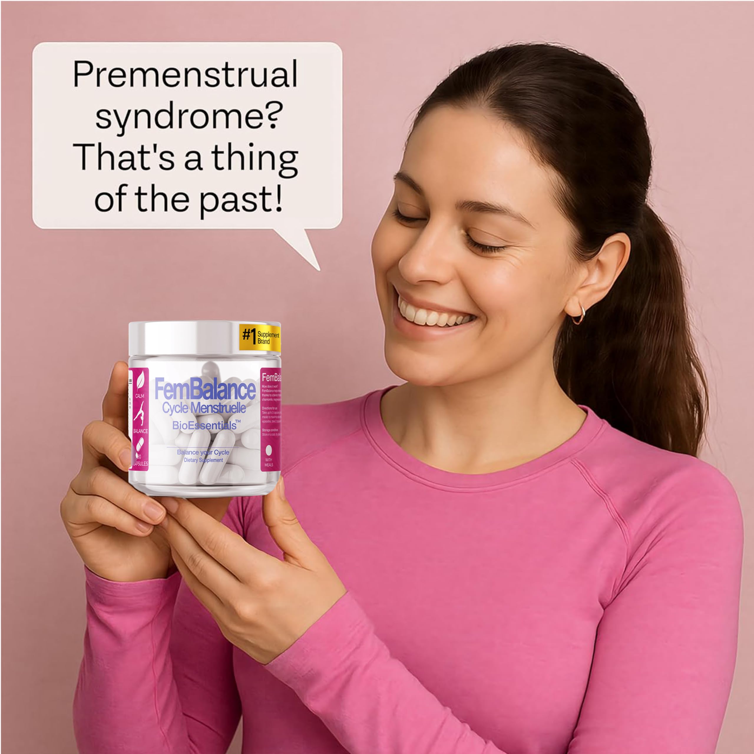 Side view of BioEssentials FemBalance supplement showing ingredient list