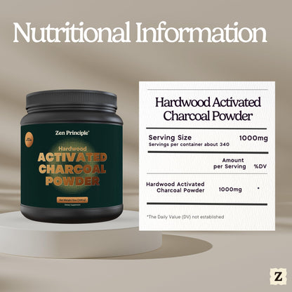 Measuring scoop lifting the ultra fine black detoxifying powder out of the 12 ounce jar.