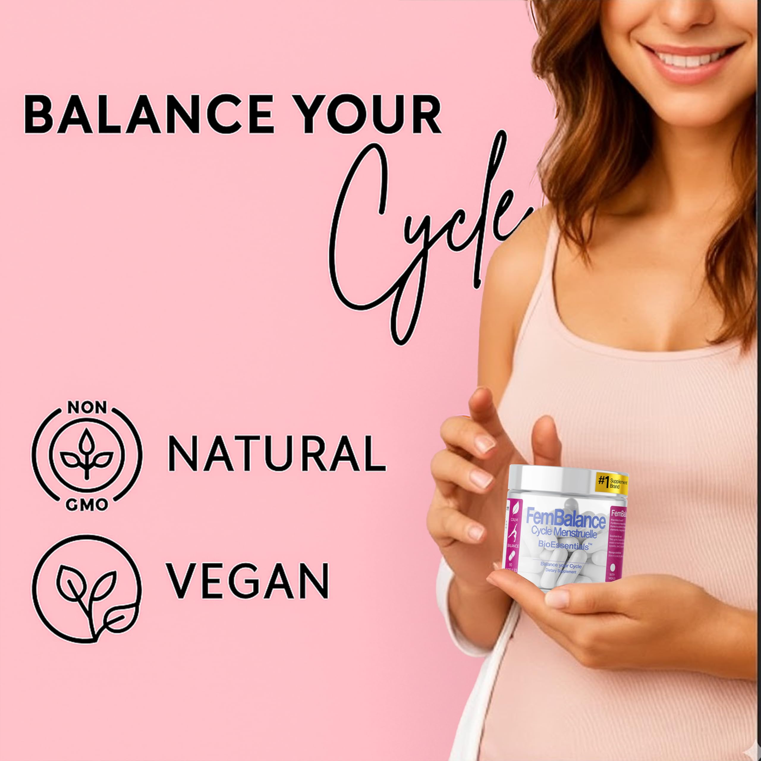 Close up of BioEssentials FemBalance supplement packaging design