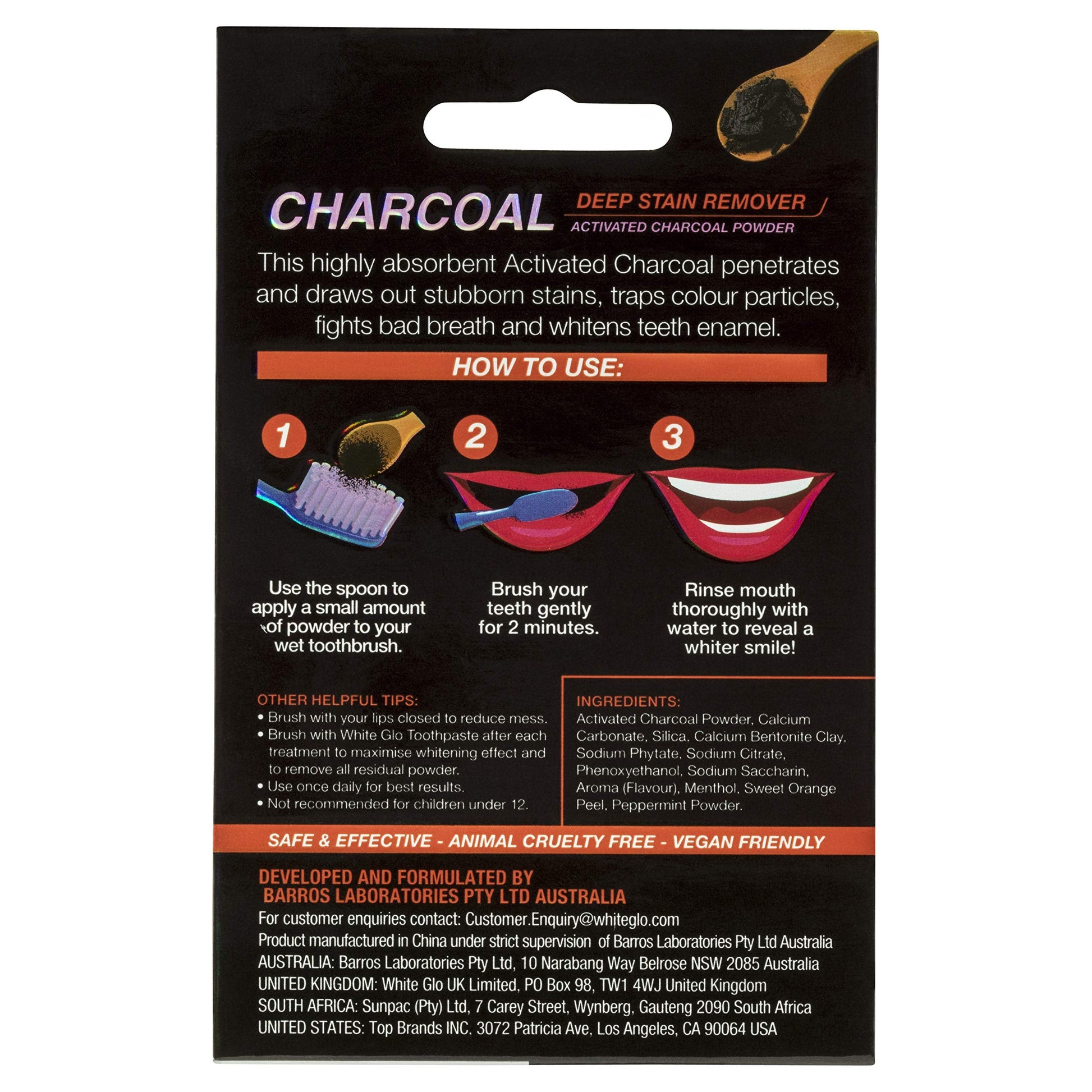 Premium low abrasion charcoal whitening powder showing safety instructions and seven day treatment cycle guidelines