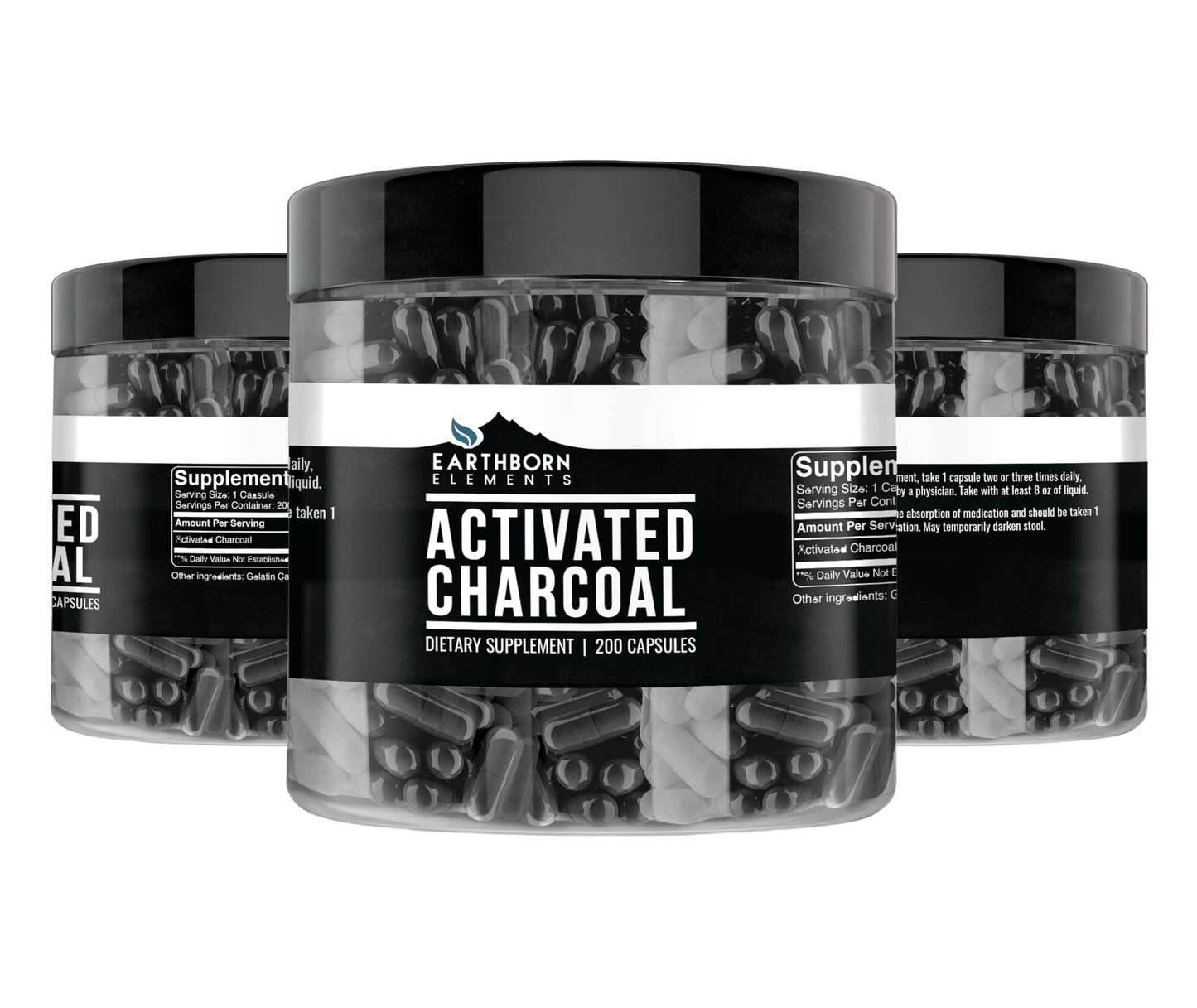 Earthborn Elements Activated Charcoal supplement facts and ingredients label on the back of the bottle