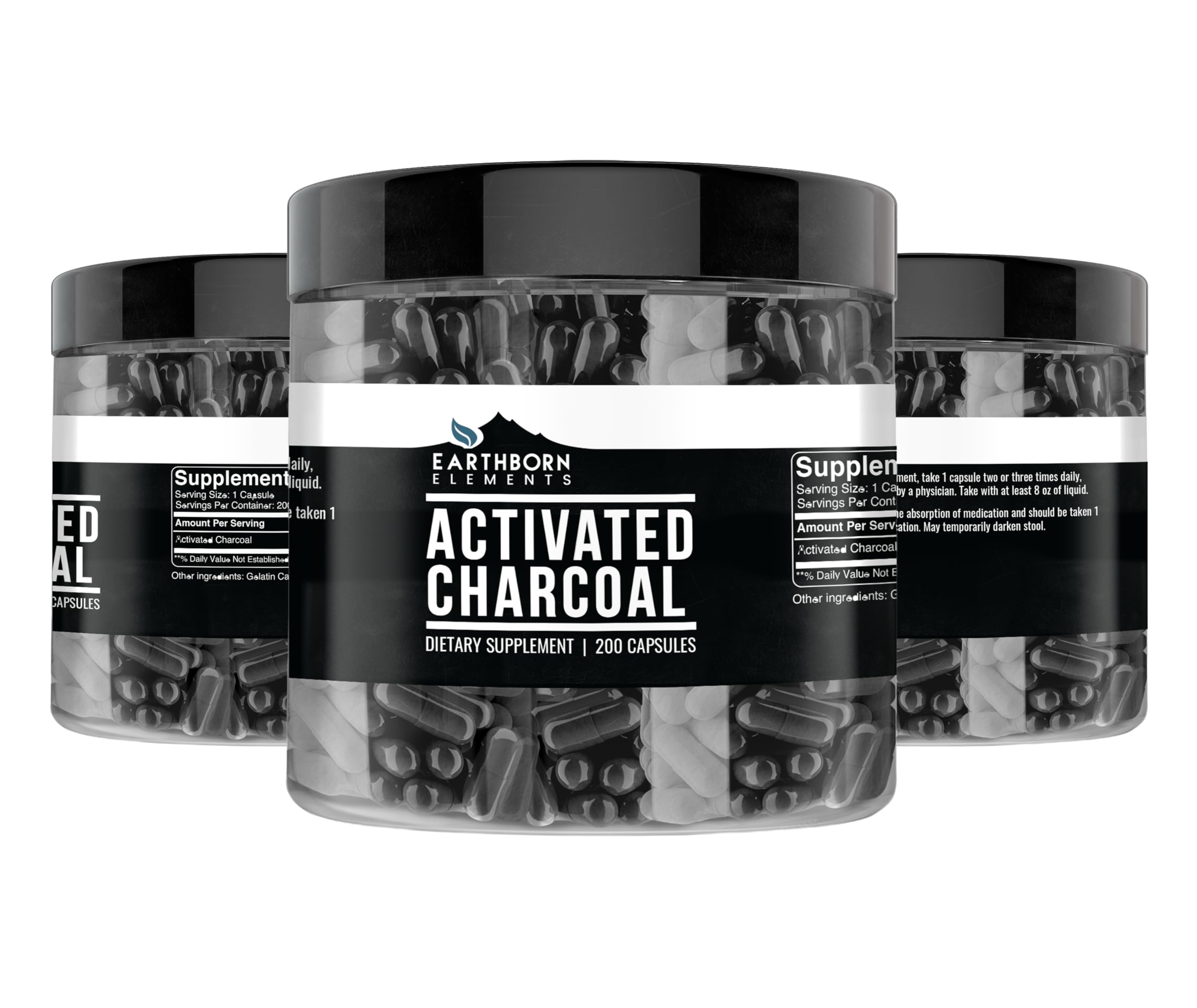 Earthborn Elements Activated Charcoal supplement facts and ingredients label on the back of the bottle